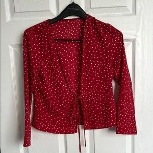 NWOT Hand Made Red Star Polka Dot Tie-Front Long Sleeve Top